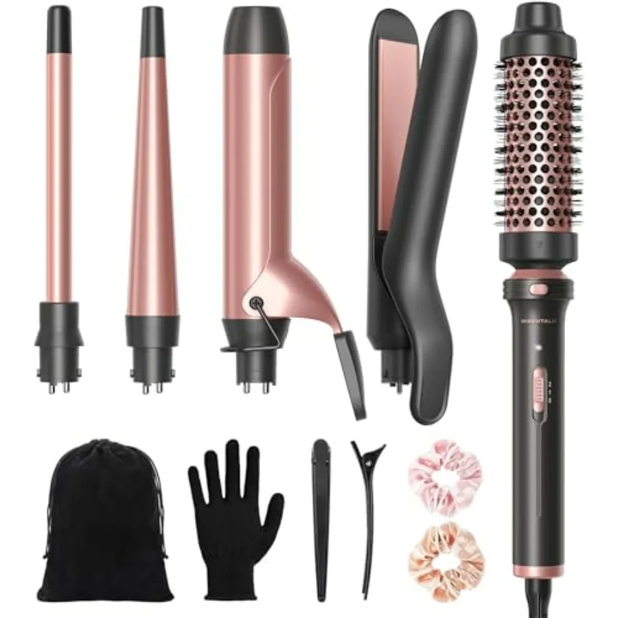 

5 in 1 Curling Iron Set with Thermal Brush and 4 Interchangeable Ceramic Curling Wands 0.5'-1.25',Instant Heat Up Hair Curling