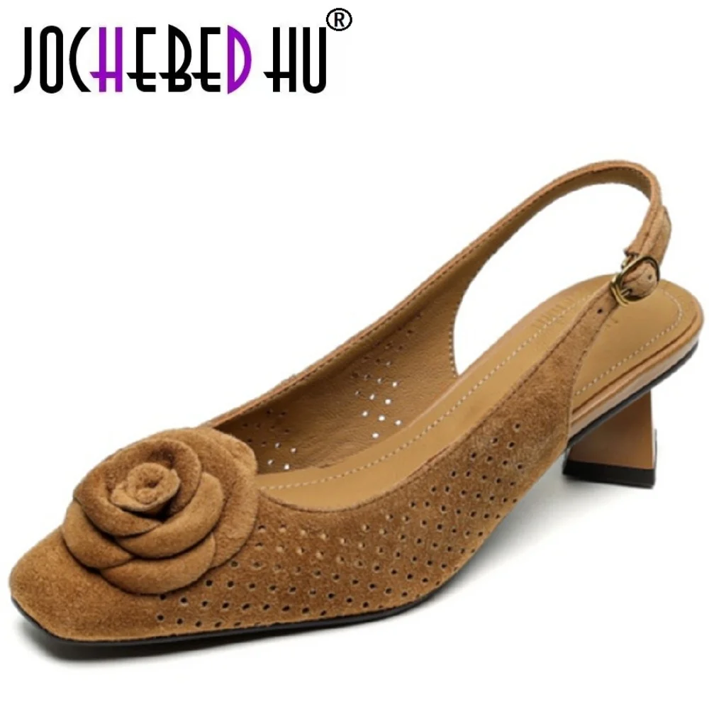 

【JOCHEBED HU】женские элегантные летние сандалии ручной работы из овчины с квадратным носком и средним каблуком, женские летние сандалии с цветочным принтом, размеры 34-40