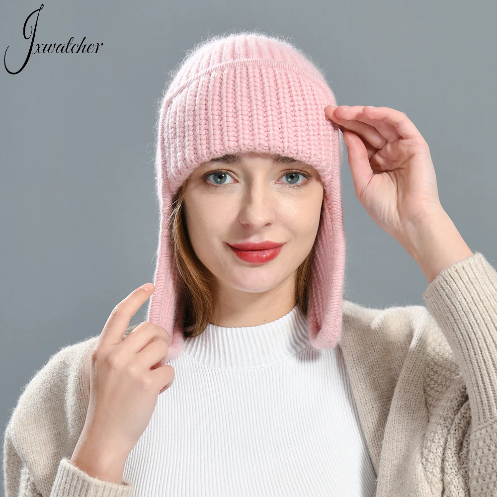 Jxwatcher Women Cashmere Beanie Hat Autumn Winter Solid Comfortable Warm Hat With Earflaps 2022 New Thicken Female Skullies Cap