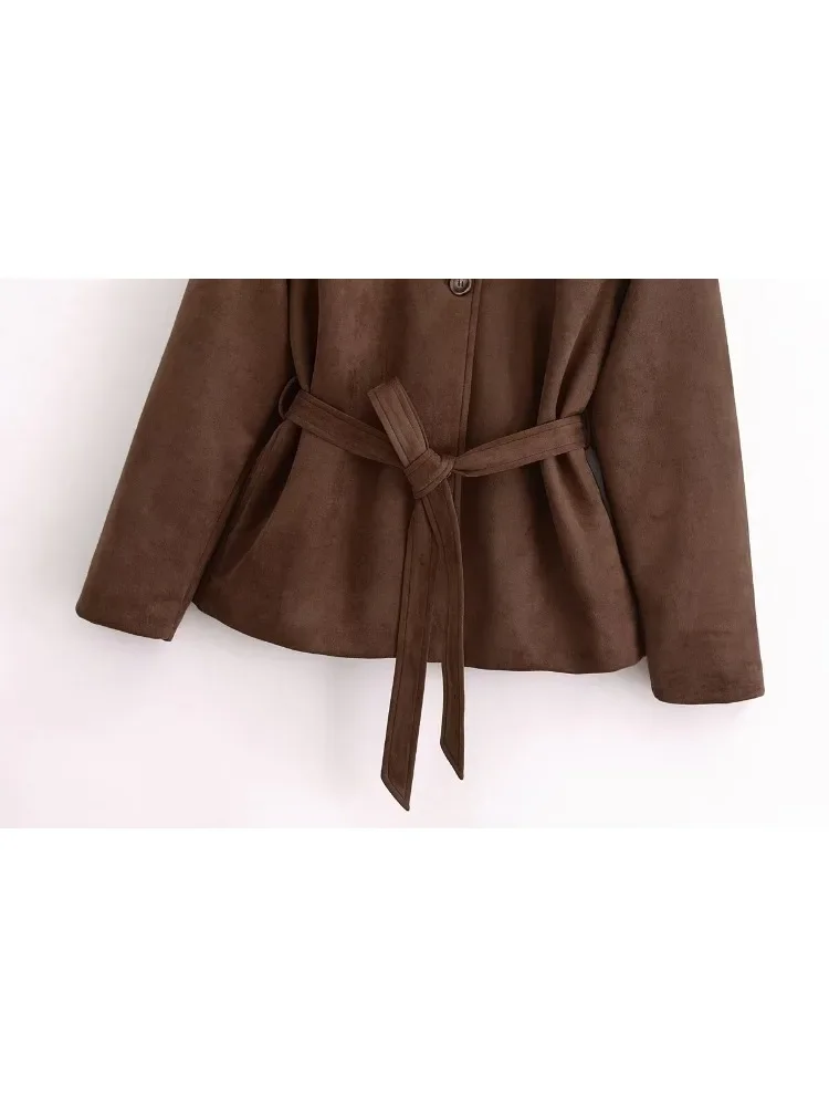 Fashion Women Belt Suede Jacket Single Button Long Sleeve Crop Coat Casual Brown Lapel Pocket Suede Leather Jacket 2024 Outwear