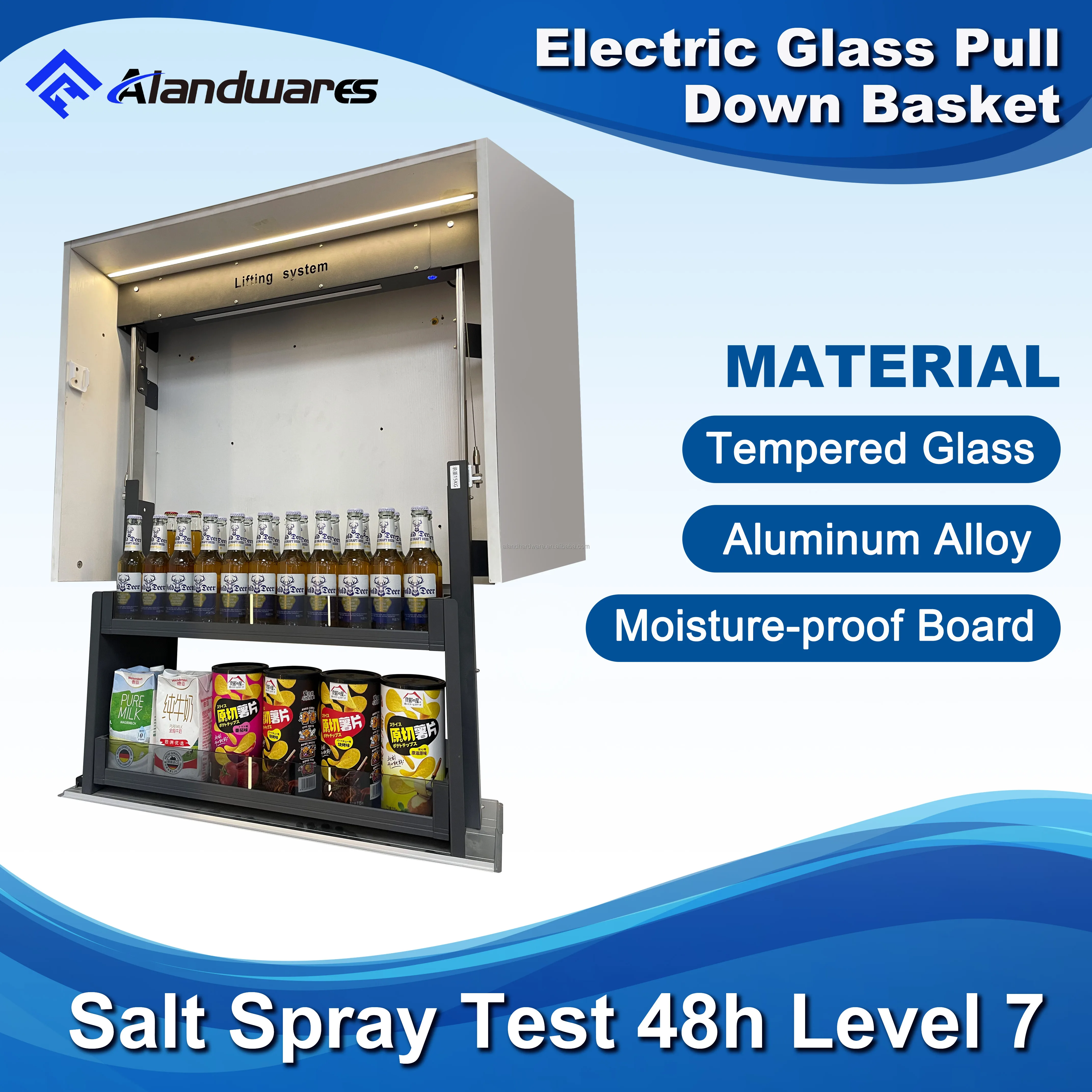 For Amazon Hotselling Modern Kitchen Storage Cabinets Motorized Accessories Organizer Aluminum Frame Glass Electric Basket