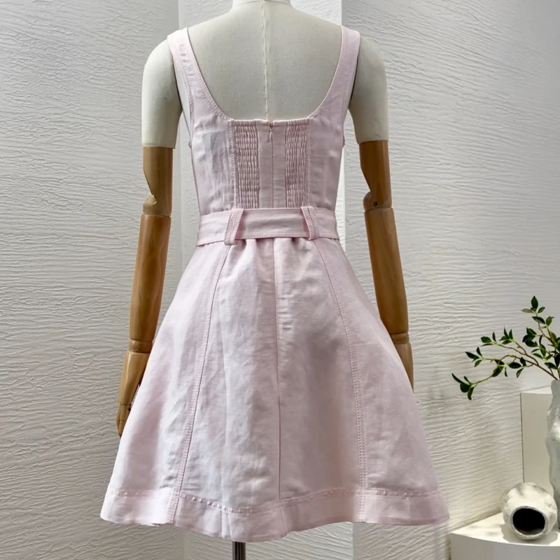 Pink Sweetheart Neck Sleeveless Golden Buttons Decoration Women Summer Mini Dress for Party Holiday 2024 New