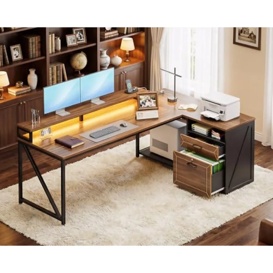 L Shaped Desk with Wooden Drawers Locking File Cabinet 61 Inch Large Executive Desk with Power Outlet Led Computer Desk with St