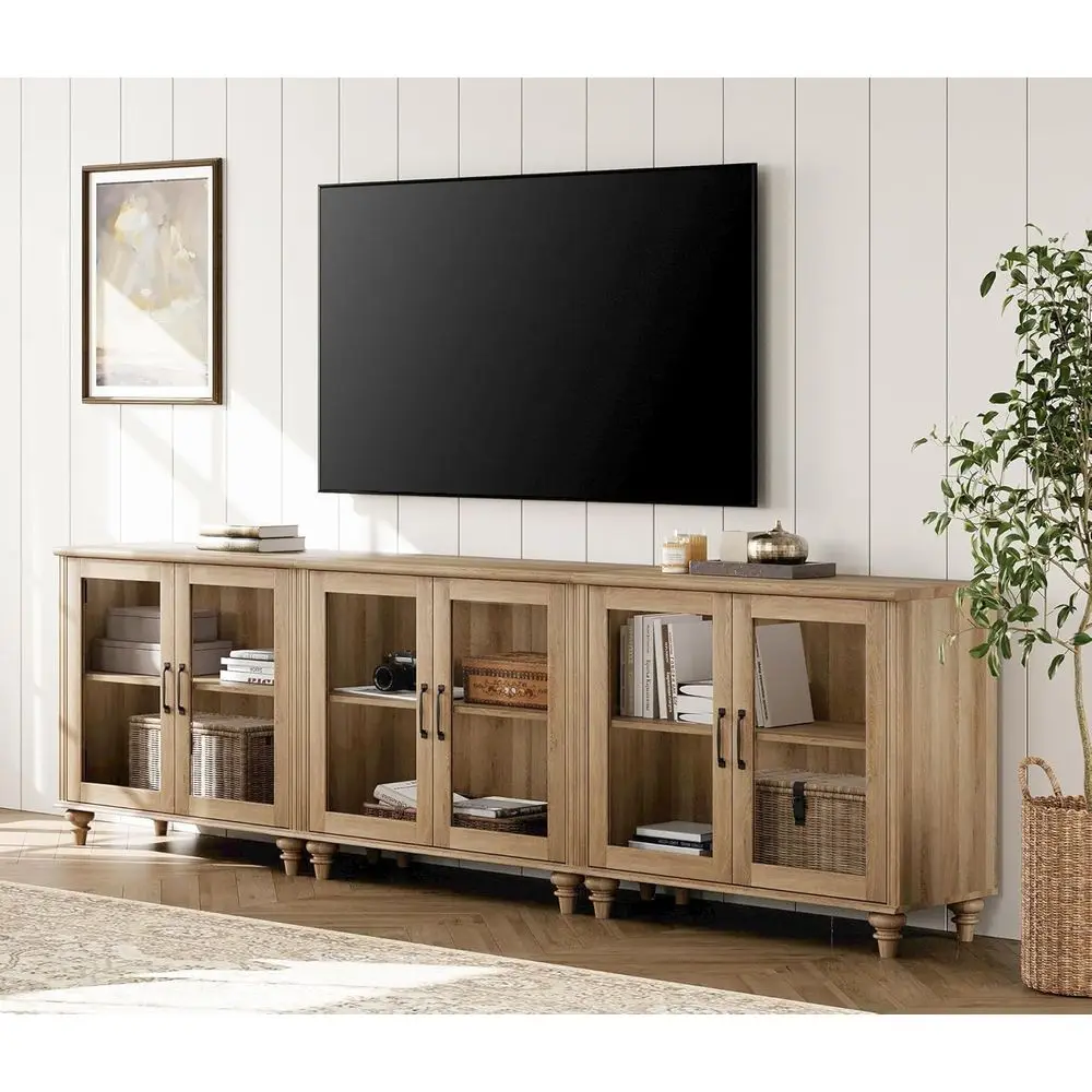 

100 Inch Glass Door Wood TV Stand Entertainment Center, 75-85 Inch TV Cabinet, 3-in-1 Kitchen Buffet Cabinet with 6 Storage for