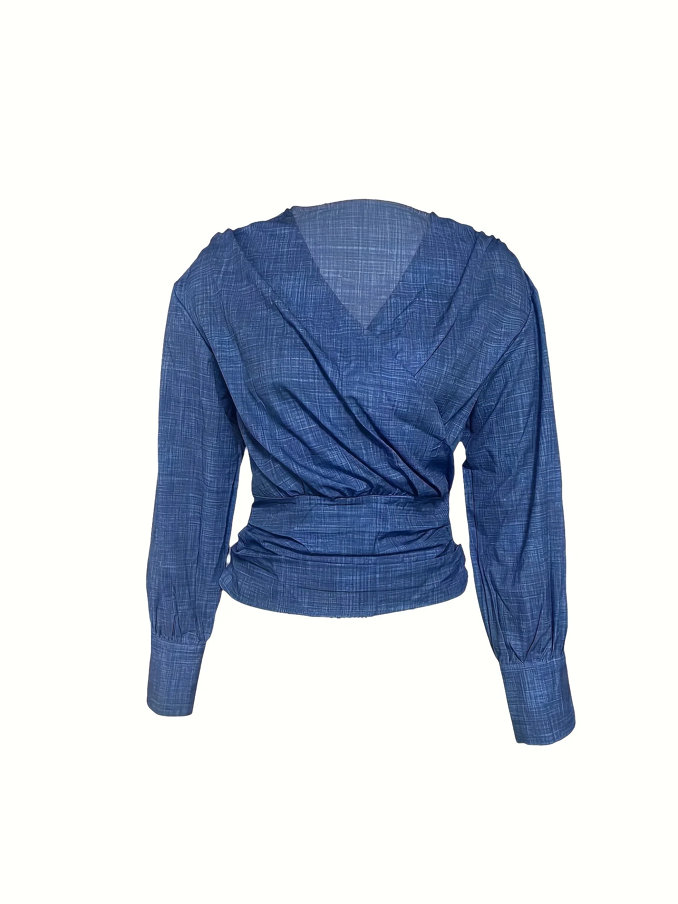 Otoño e Invierno nueva blusa de manga larga con cuello en V para mujer Top de moda informal con diseño fruncido y manga abombada