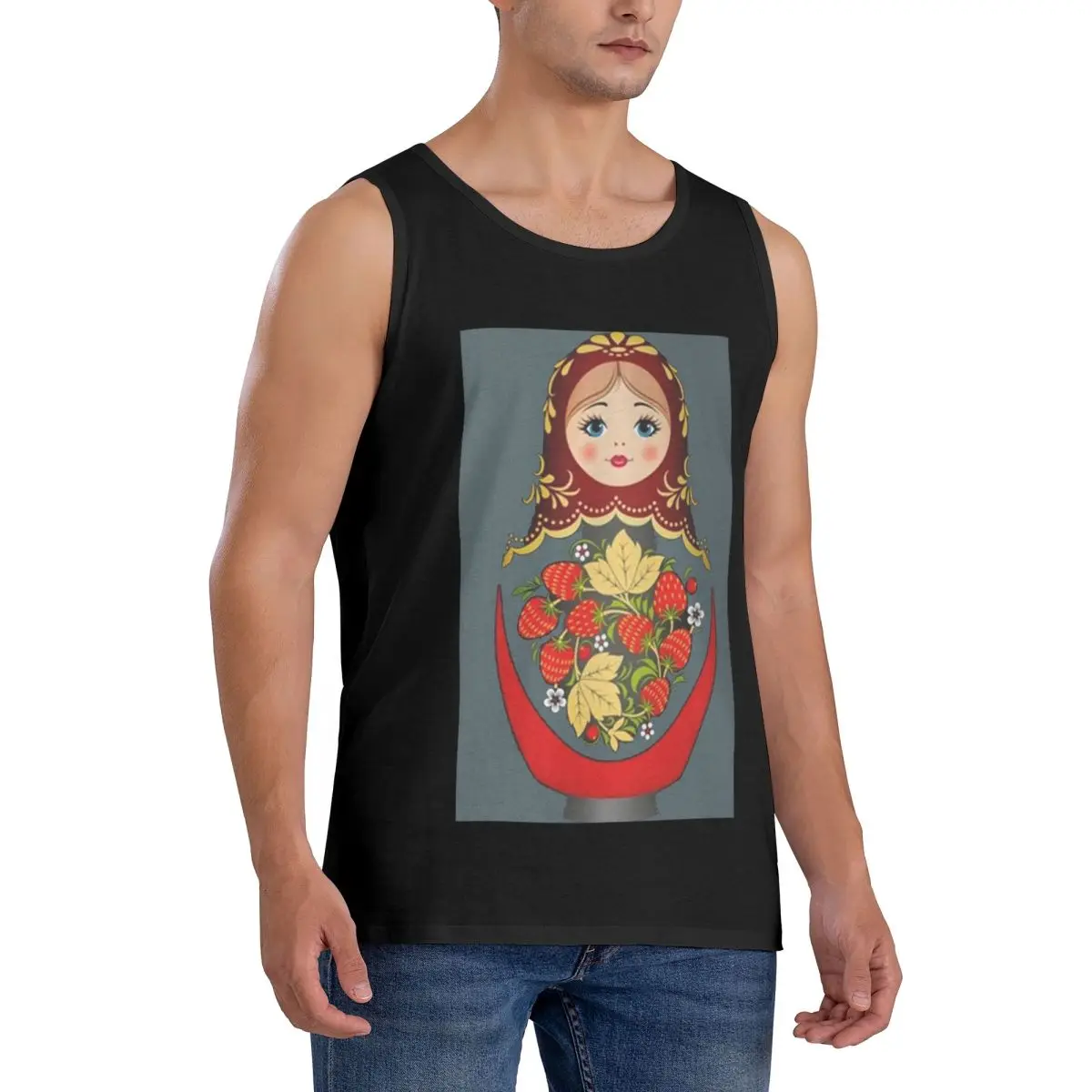 100% Cotton Matryoshka Russian Nesting Doll Sleeveless T-Shirt Men Workout Sports Clothing Tops Men's Crew Neck Vest