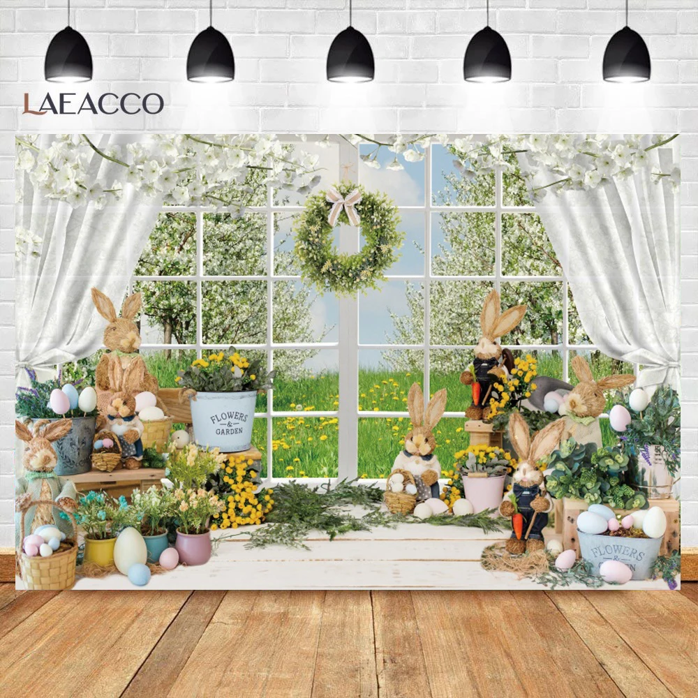 Laeacco Spring Easter Photography Backdrop Window Sill Cute Rabbit Flower Wreath Baby Shower Birthday Portrait Background