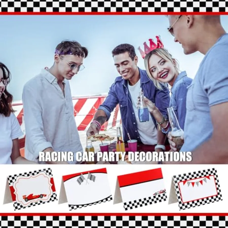 48 قطعة ملصقات طعام السيارات للسباق علامات بطاقات مكان مطوية لإعداد الطاولة بطاقات اسم فارغة حفلة عيد ميلاد اللفة الأولى حول Tra