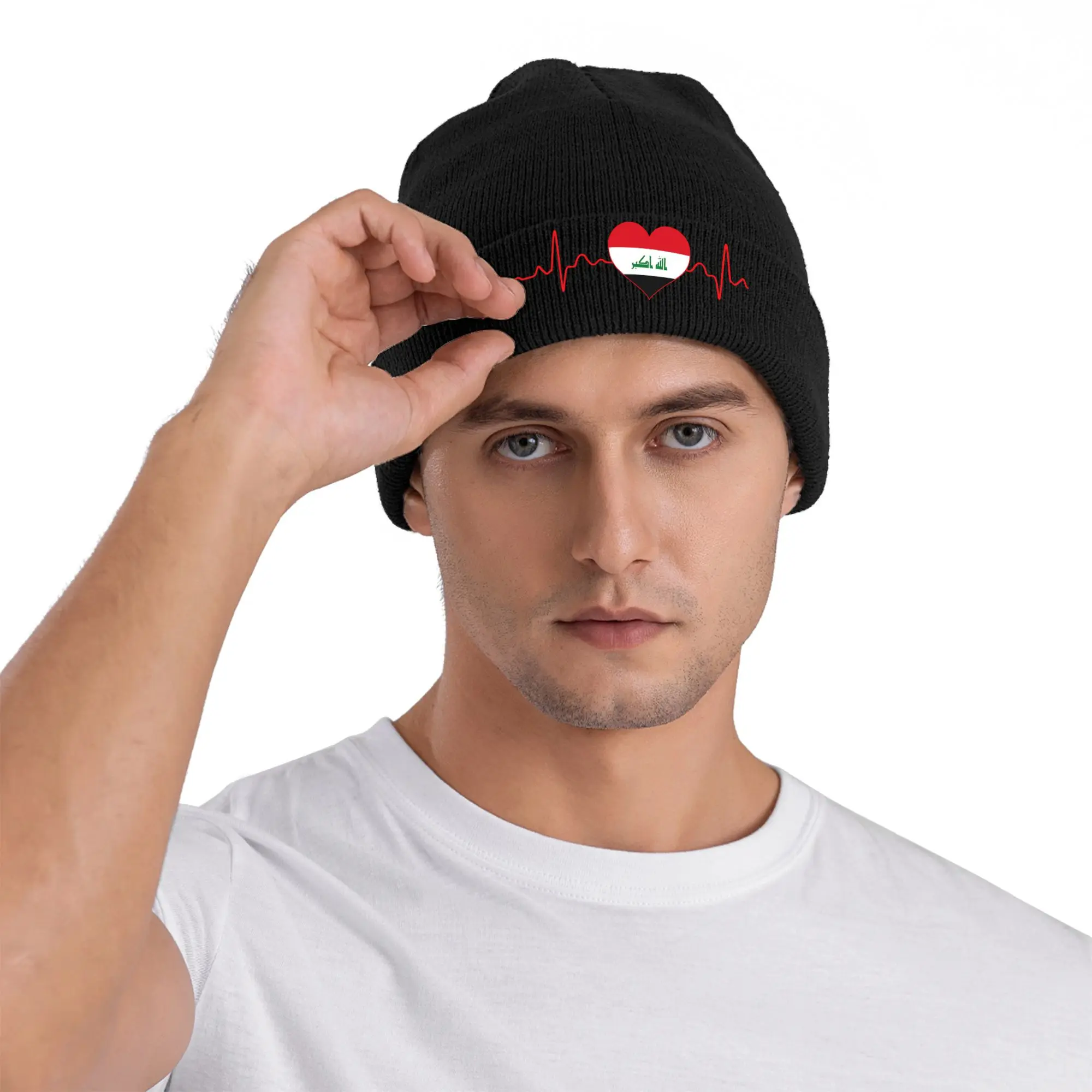 Iraq Flag Heartbeat EKG Knitted Hat for Women Men Beanies Winter Hat  Warm Melon Cap