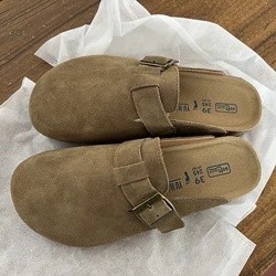 2024 Spring Women's Cork Slippers Cow Suede Leather Cork Sandals Closed Toe Retro Garden Clogs Shoes For Women Plus Size 41