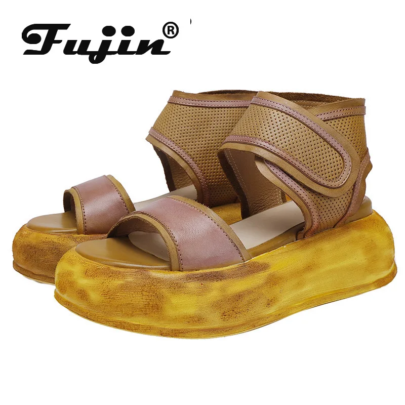 

Fujin 6.5cm Summer Sandals Platform Wedge Hook Summer Women Shoes New Genuine Leather Fashion Mary Jane Ankle Booties Peep Toe