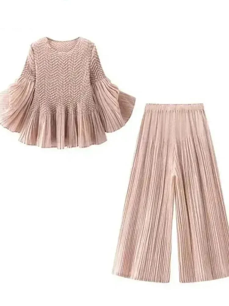 Fashion Pleated Two Piece Sets Women Solid Color Short Sleeve Loose Top Elastic Waist Pants New  2026 Spring 17SDGFZ