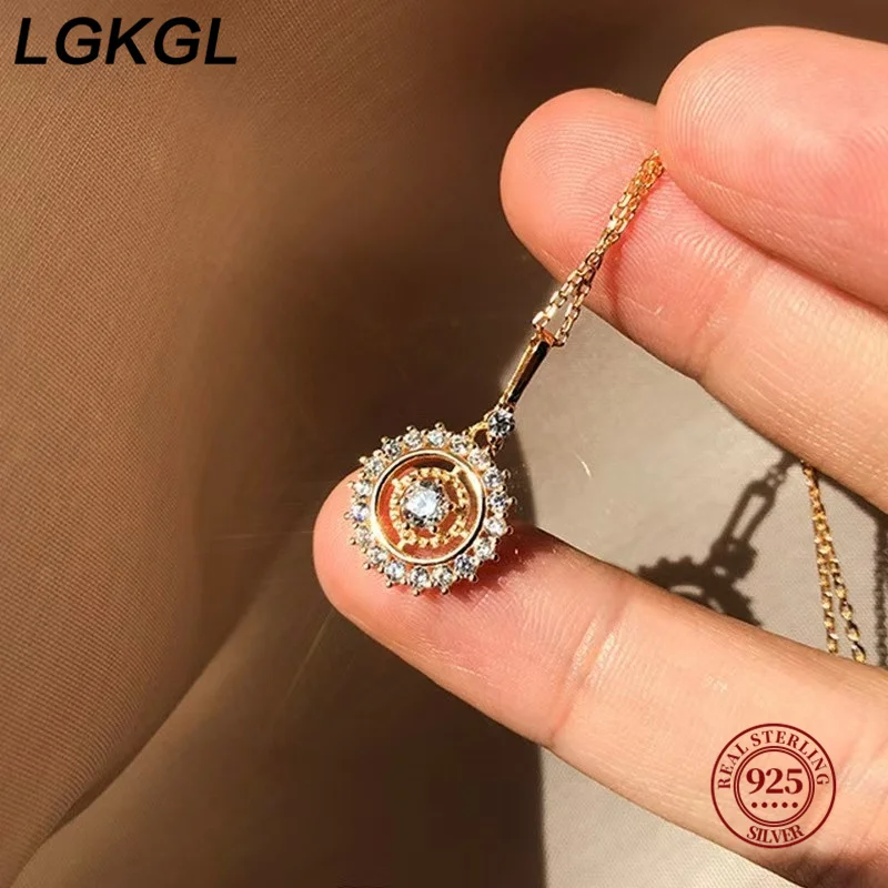 

LGKGL S925 Sterling Silver Necklace Vintage 14K Gold Plated Fortune Star Wheel Pendant Clavicle Chain Gift for Women