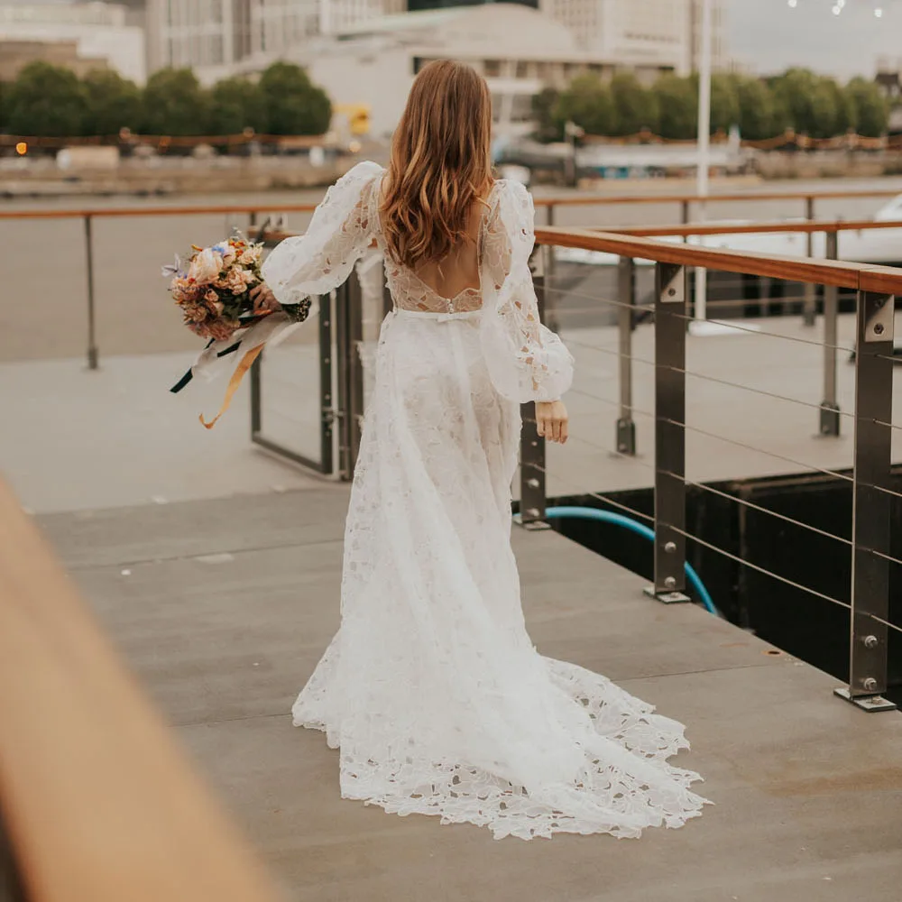 Customized Long Puffy Sleeves Cutout Lace Wedding Gowns Floral Square Neck Backless Unique Transparent Bohemian Bridal Dress