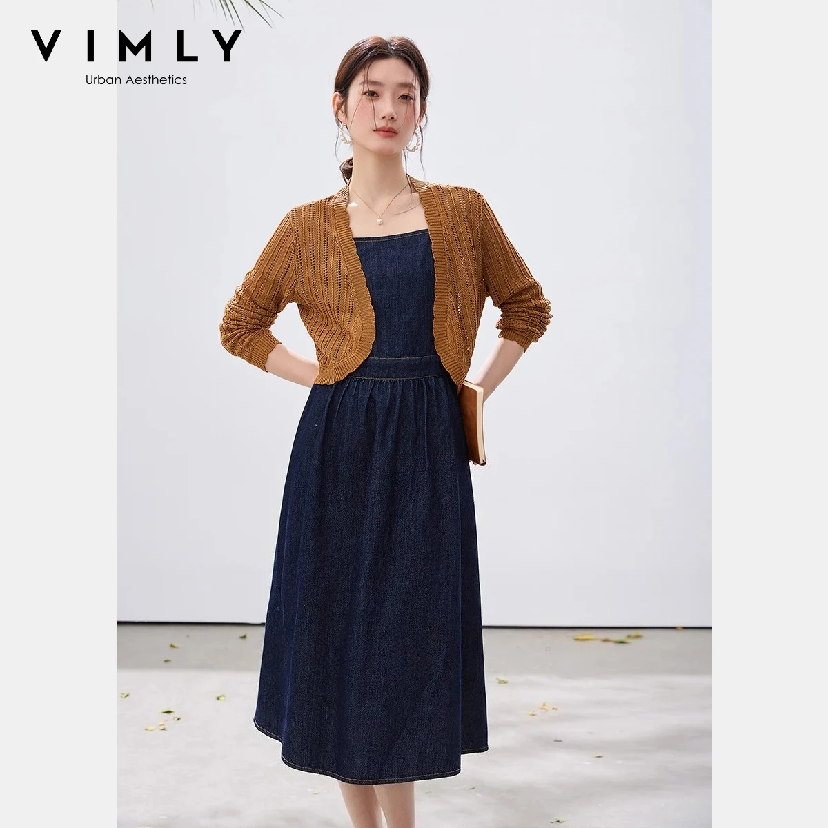 

VIMLY Denim Dress 2 Piece Set Women 2026 Spring New Fashion Khaki Knit Cardigan Denim Slip Dress Vintage Casual Dress Sets A3965