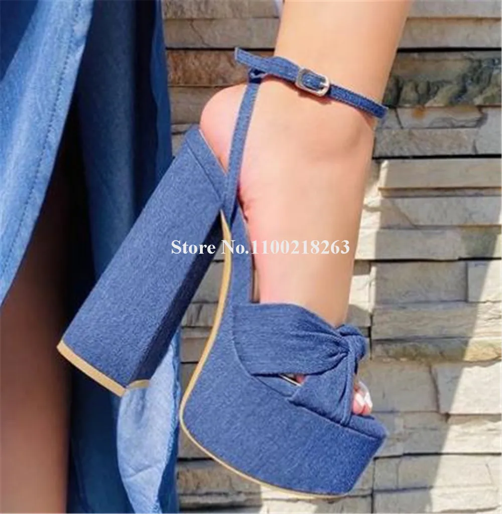 Blue Denim Block Heel Sandals Fashion Open Toe High Platform Ankle Straps Buckles Chunky Heel Dress Shoes Party Pumps Big Size