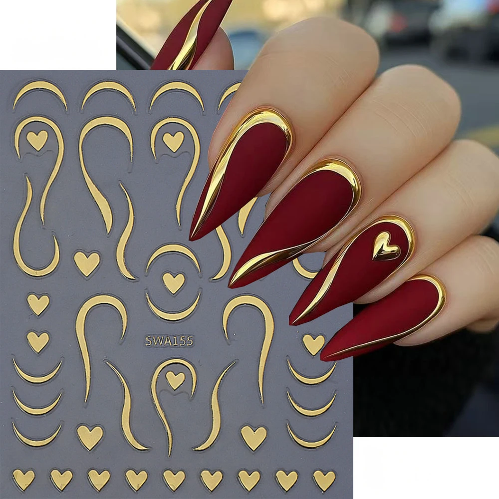 Autocollants pour ongles en forme de cœur, lignes françaises en métal, or/argent, vague d'amour, décalcomanies simples pour la saint-valentin, 1/2 pièces