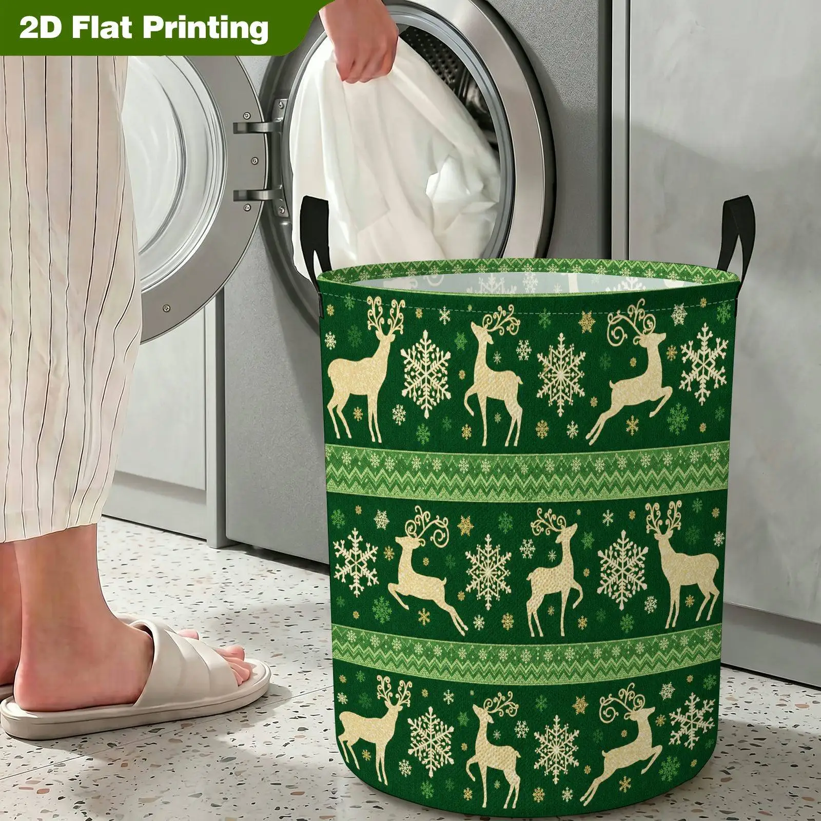 2D Flat 1pc Christmas Reindeer Snowflake Dirty Laundry Basket, Multi-Functional Hamper with Handles Foldable Storage Bin