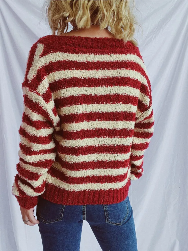 Design feminino sentido em torno do pescoço curto camisola de manga comprida jaqueta superior outono e inverno elegante botão listrado cardigan camisola
