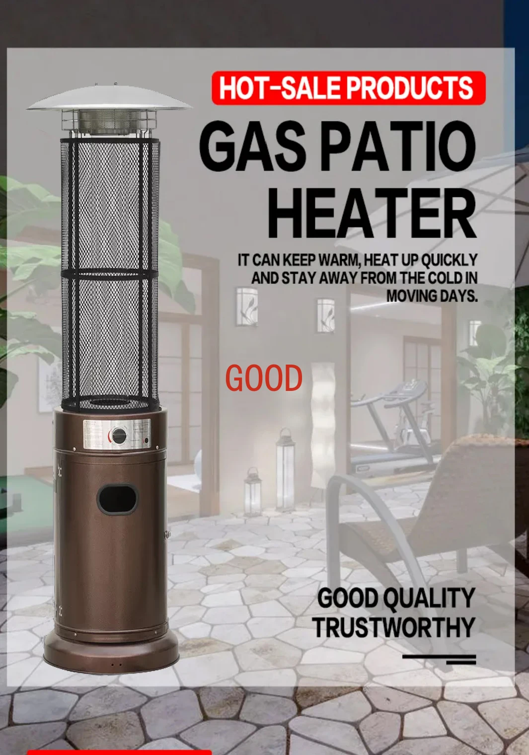 Propane Patio Heater, Stainless Steel Standing, 40,000 BTUs Portable Commercial Outdoor Gas Patio Heater with Glass Tu