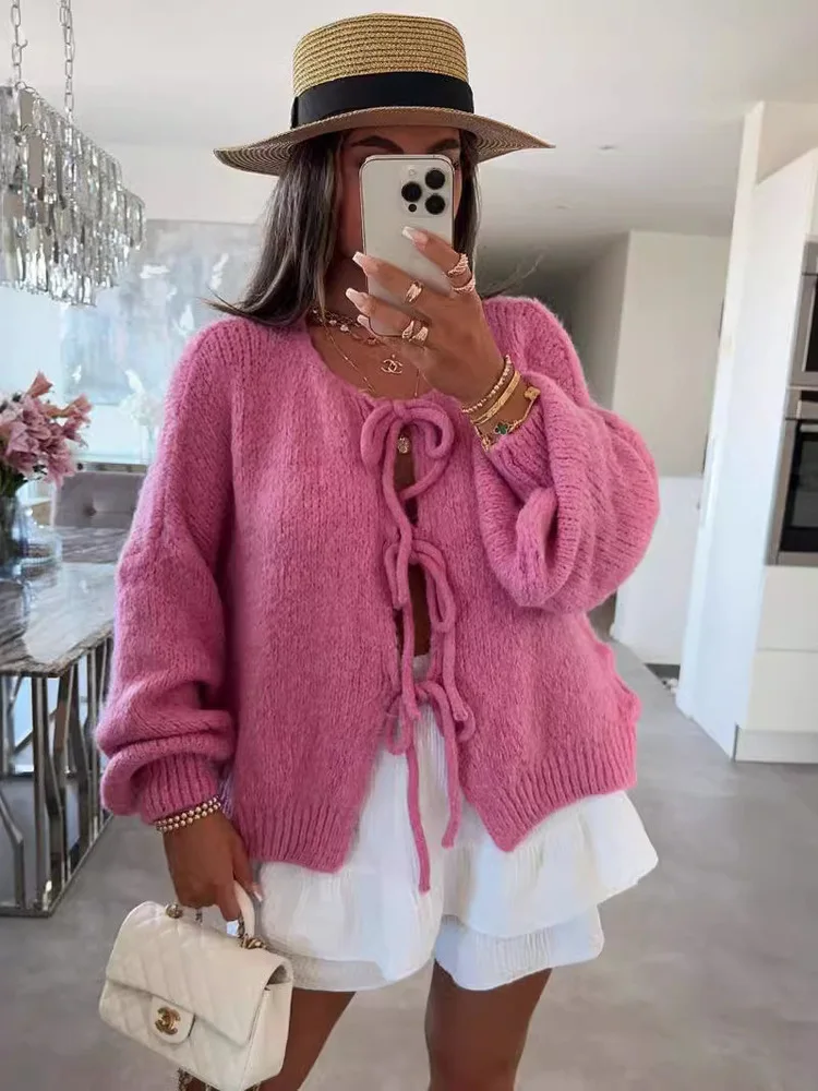 

Сплошной цвет, вязаный кардиган на шнуровке с круглым вырезом, женский осенне-зимний уличный свитер 202, повседневный простой свитер, пальто