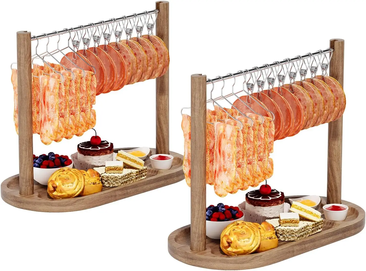Acacia Wood Bacon Display Rack-Set of 2 Bacon Clothesline Serving Tray-Bacon Hanger Serving Platters-Exquisite Bacon Serving Dis