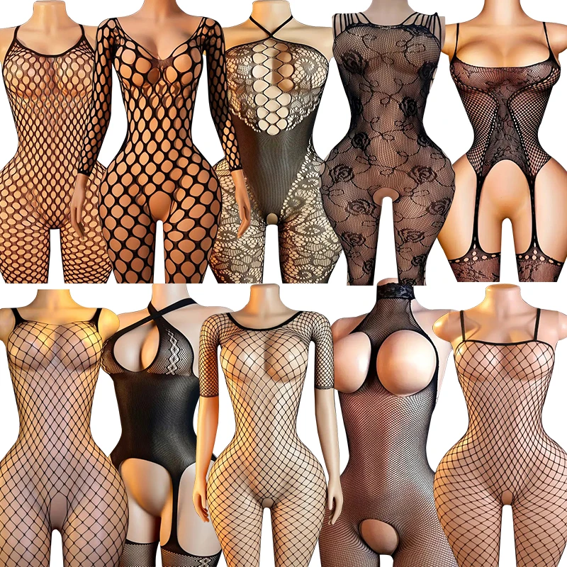 Fishnet Stockings Strappy Harness Teddy Soft Stretch Sleepwear Lace Panel Pajamas Hollow Cut Out Night Home Lounge Sexy Intimate