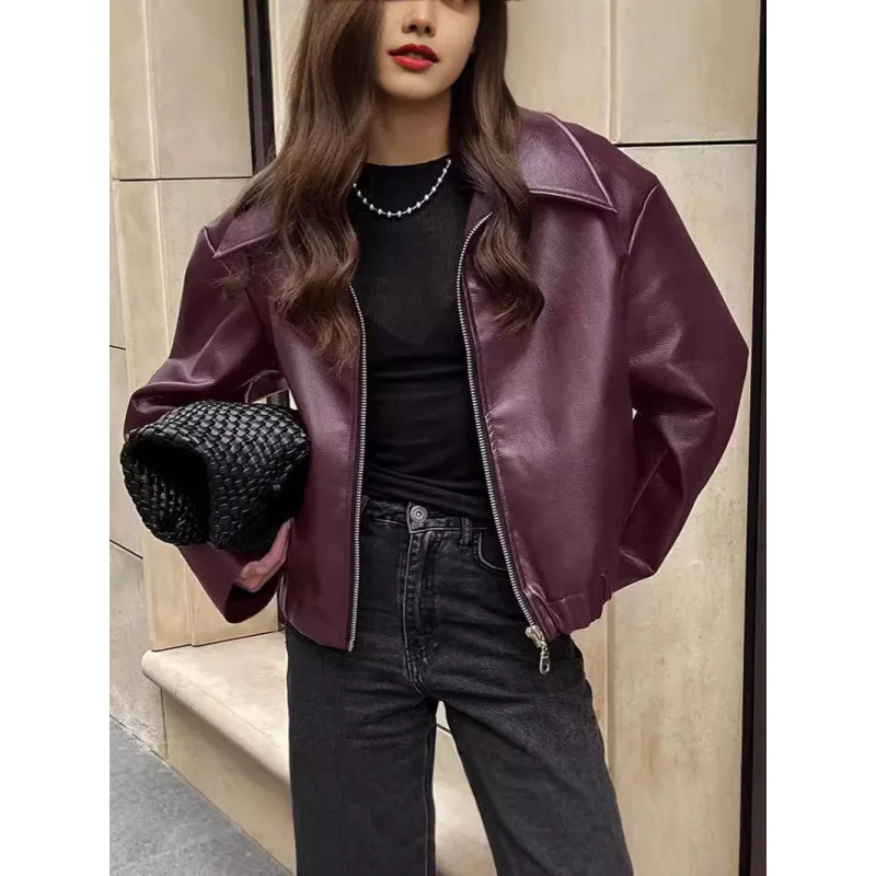 Women's Leather Jacket  Brown Leather Jacket with Belt Chic Full Sleeve Laple Zipper Short Coats Ladies Street Biker Jackets