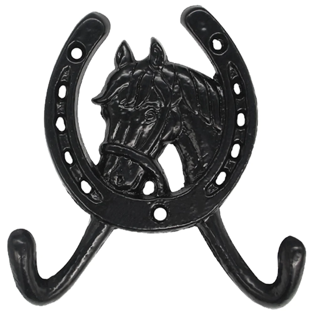 

European Style Creative Horse Head Horseshoe Double Hook Wall Cast Iron Black Elegant Hanger Hooks Coat Mounted Towel