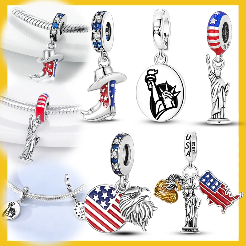 

925 Sterling Silver Charms Beads American Flag Statue of Liberty Dangle For Women Girls Original Bracelet DIY Jewelry Gifts