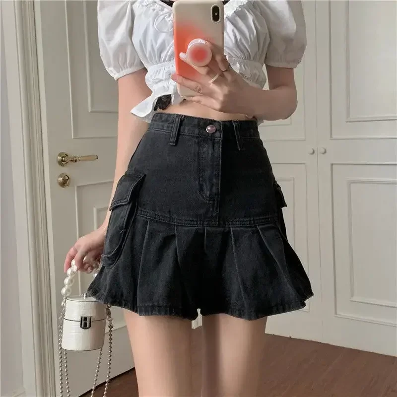 

Skirts Women Summer High Waist Denim Mini Vintage Cargo Pockets Pleated Sexy Fashion Design Classy Cool Sweet College Streetwear