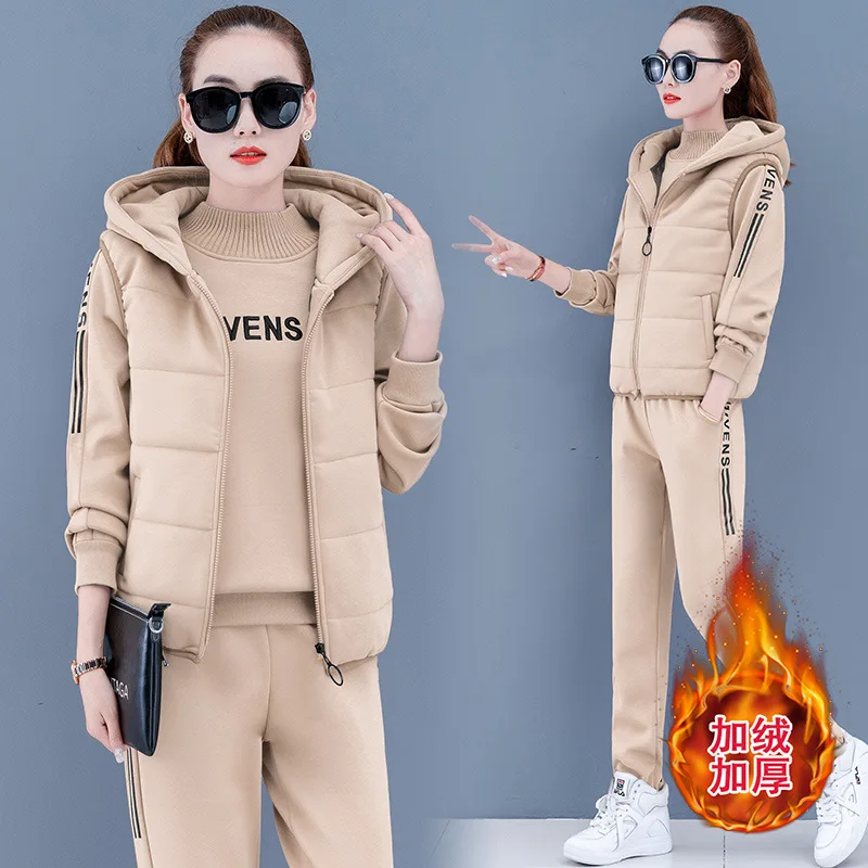 4XL Winter Women Sportswear Tracksuit Thick Fleece Warm Hoodie Sweatshirt+vest+pant Running Jogger Fitness Casual Set Sport Suit