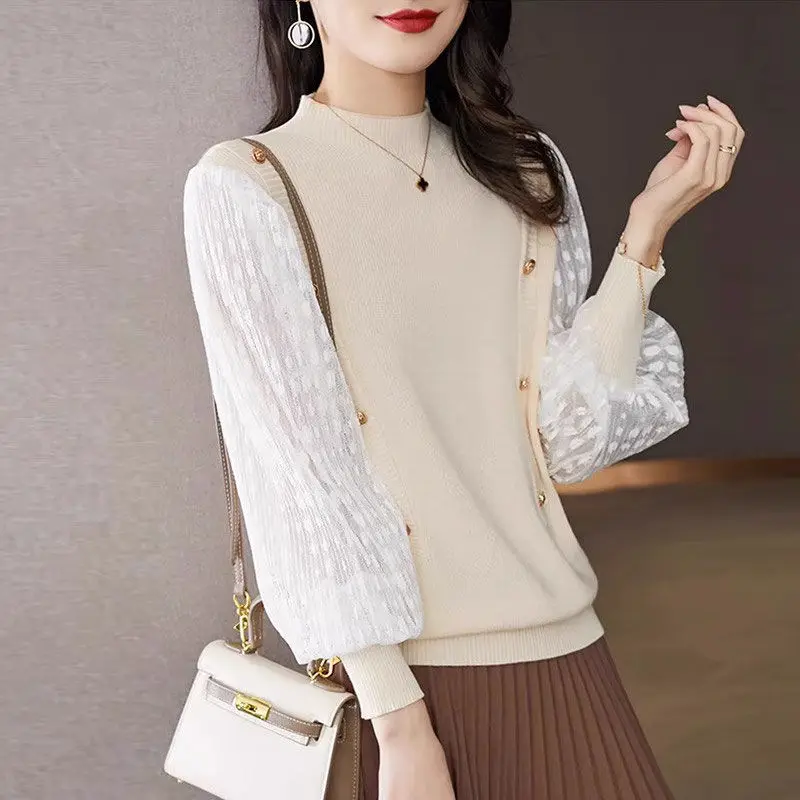 Splicing Small Fragrant Style Knitted Sweater Women's Autumn Winter New Half High Neck Base Sweater Short Lantern Sleeve Top