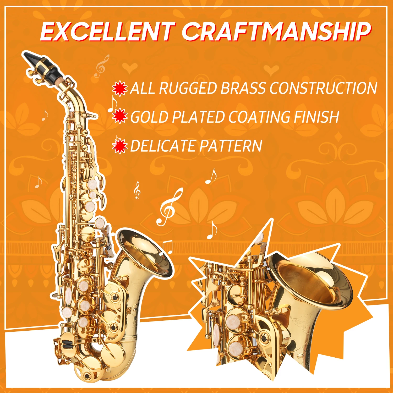 Bb Soprano Saxophone Gold Lacquer Brass Sax with Instrument Case Mouthpiece Neck Strap Cleaning Cloth Brush for Musicians Beginn