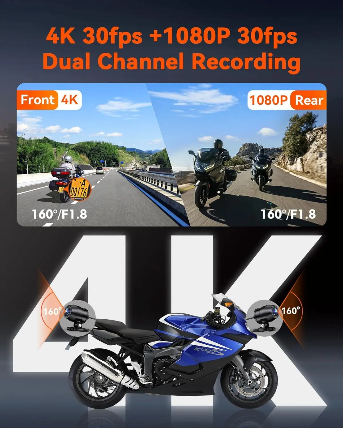 F1 Motorcycle 4K Front and Rear Dash Cam, 4K  Motorcycle Camera, GPS, Wi-Fi, Enhanced Night Vision,  Parking Mode 512GB Max