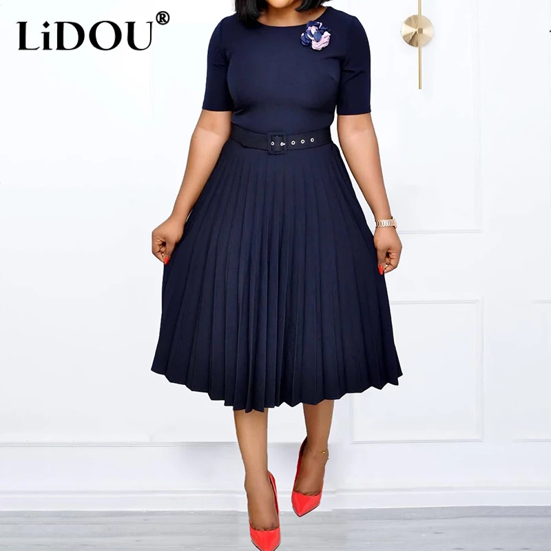 Summer New Fashion Sweet Literary Plus Size Dress Women Solid Color Short Sleeve Pleated Vestidos De Fiesta Chic Female Clothes