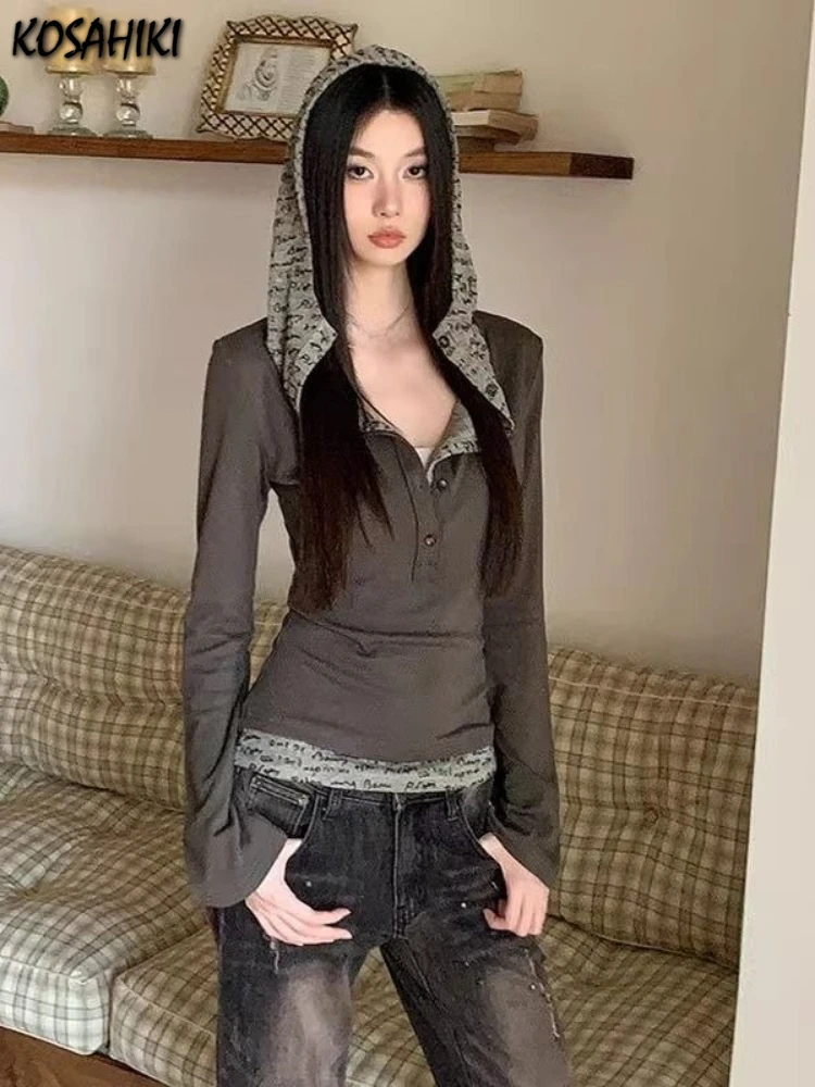 

Harajuku Punk Patchwork Vintage Hooded T-shirts Streetwear Letter Printing Button Tshirts 2025 Women Autumn Grunge Bodycon Tops