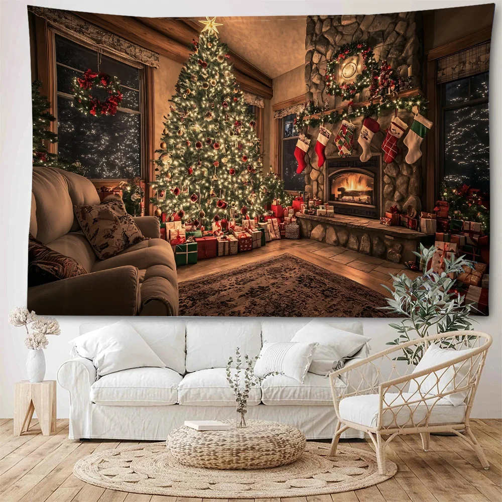 

Christmas fireplace in the house, Christmas lights, Christmas tree, Christmas decorations, background tapestry