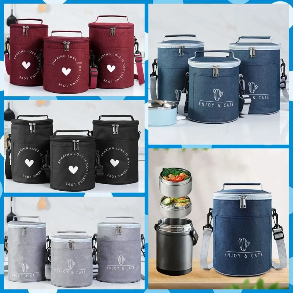 Aluminum Foil Cylinder Insulated Lunch Box Bag Oxford Large Capacity Round Lunch Bag Waterproof with Adjustable Strap