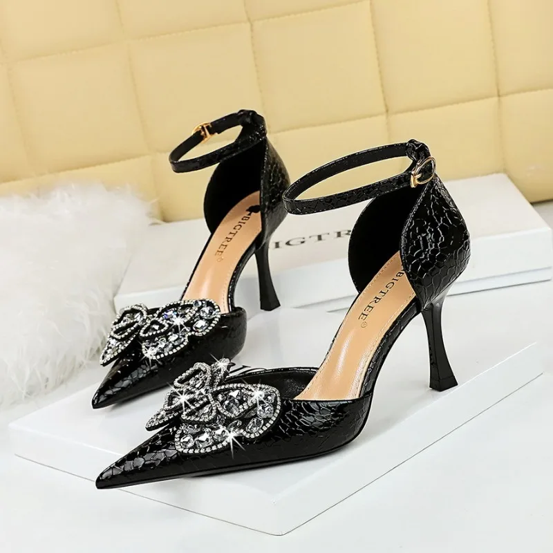 

BIGTREE Luxury Kitten Heels Sandals Women Shoes Summer Women Pumps Rhinestone Bowknot Banquet Shoes Sexy Party Shoes 2023