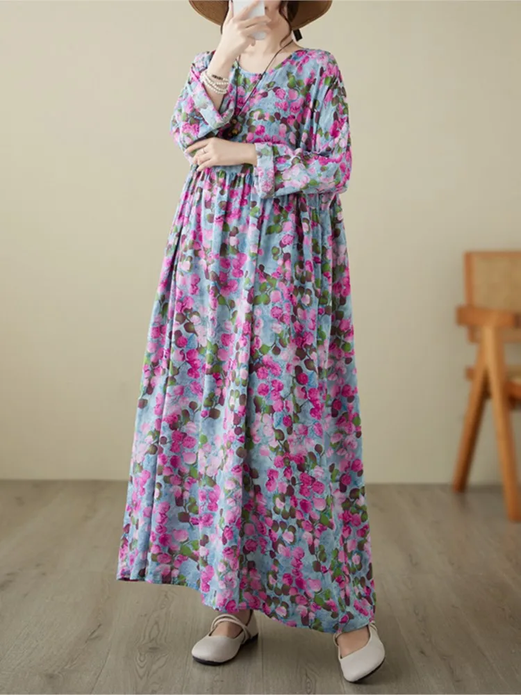 Oversized Autumn Floral Flower Print Long Dress Women Fashion Casual Pleated Ladies Dresses Loose Long Sleeve Woman Dress 2023