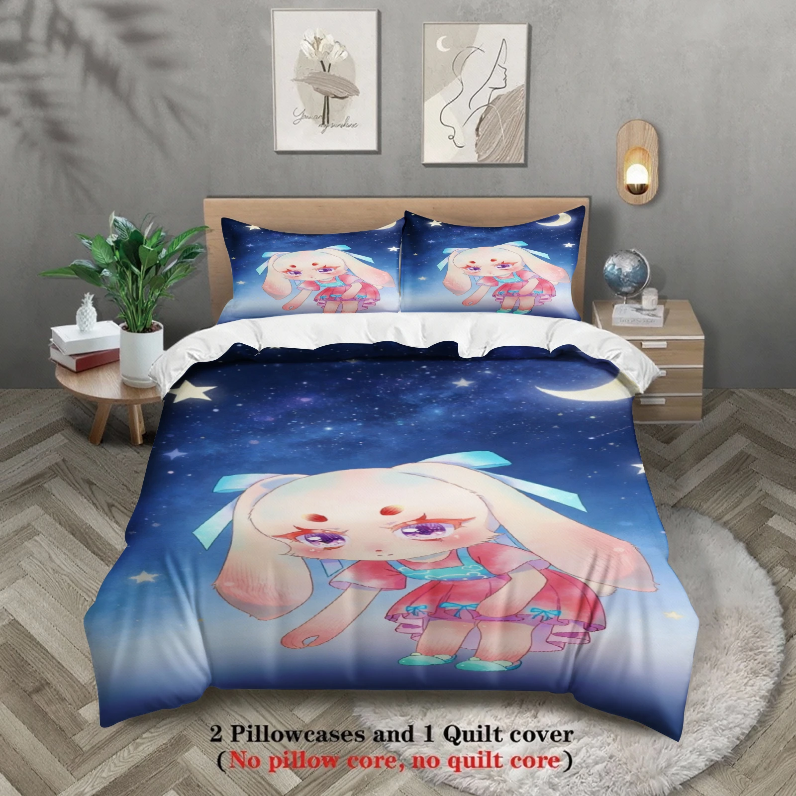 Softville Cozy Town 3PCS Bedding Sets Lop Rabbit in Starry Night Printed Duvet Cover No filling Cartoon Style Queen King Size