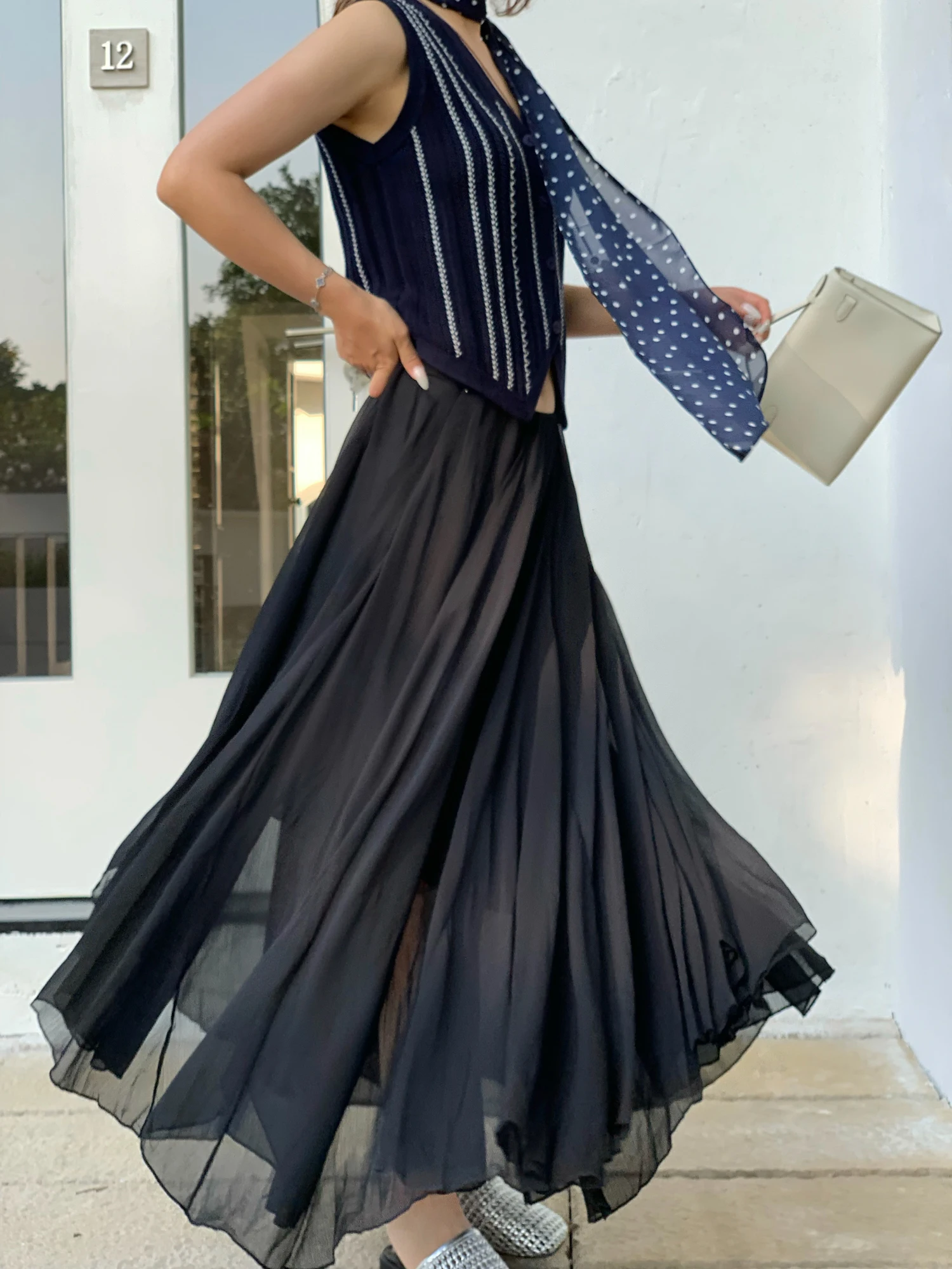 

Bluetique Ethereal Feel Asymmetrical Thin Veil f Skirt Commute Sle High Waist Midi Skirt Pure Color Polyester Fiber