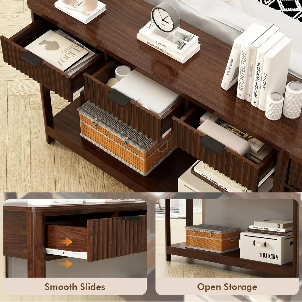 Fluted Console Table with Drawers, Modern 47.1 Entryway Table with Storage Shelf,  Narrow Skinny Behind Couch Wood Sofa Tabl