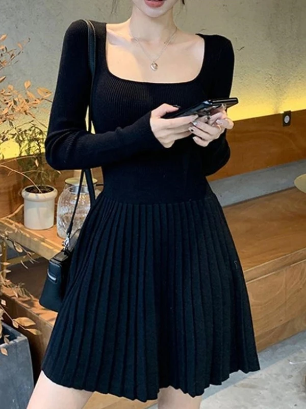 Outono inverno feminino malha dr gola quadrada longa sve fino ajuste ort saia linha a faionable plissado camada base dr