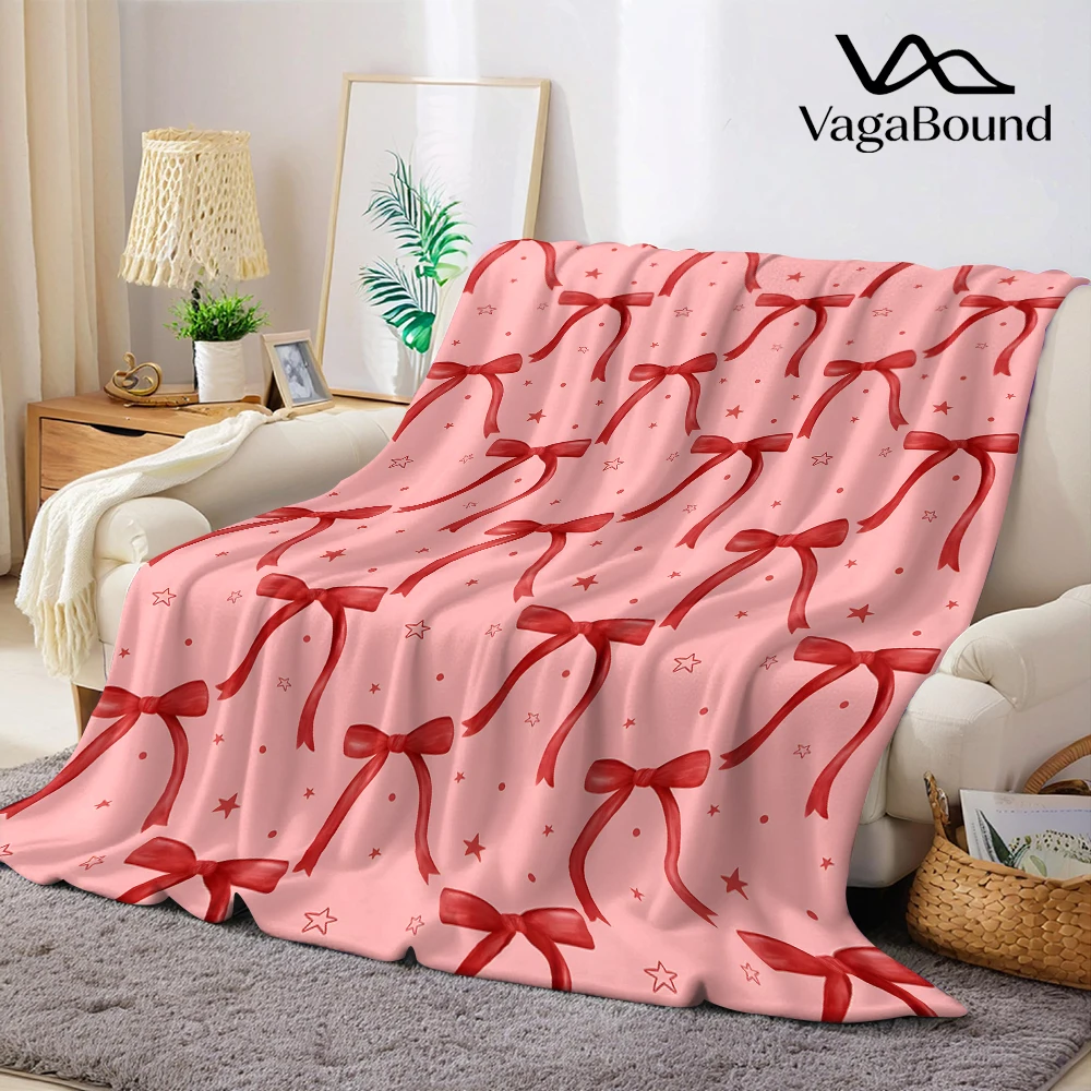 Pink Red Bows Stars Dots Soft Flannel Blanket Warm Cozy Throw Blanket for Bedroom Living Room Fuzzy Plush Bedspread Gift