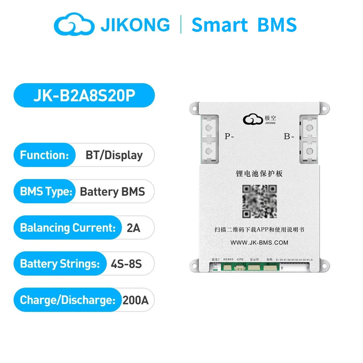 JKBMS B2A8S20P 4S 12V LiFePo4 8S 24V 5S 6S 7S Li-ion 2A Active Balance 200A Continuous Current JIKONG Smart BMS BT APP UART CAN