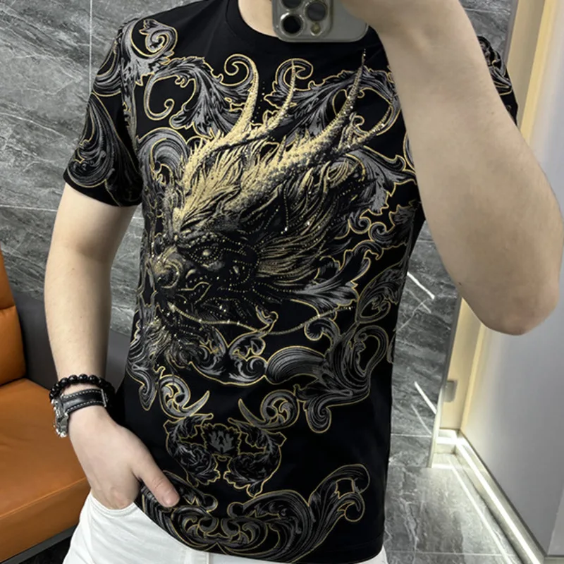 2024 Summer Animal Dragon Rhinestone Print Tee Shirt Men Fashion Brand Personality Short Sleeve T-shirt Hot Diamond Top Homme