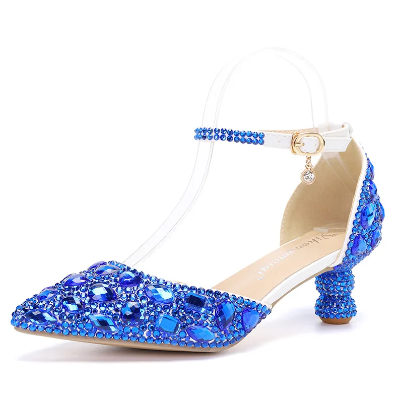 

New 2026 Rhinestone Shoes Buckle Round Heel Blue Pointed Crystal Wedding Sandals Social Dance Prom Shoes Latin Shoes Size 35-43