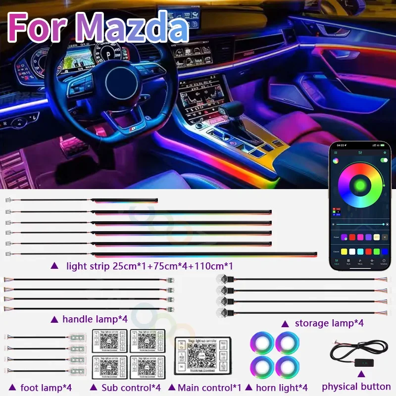 RGB 22in1 Car Interior Acrylic Car Ambient Lights For Mazda MS MX-5 CX-30 Skyactiv Bt-50 Premacy CX-8  Car Accessories